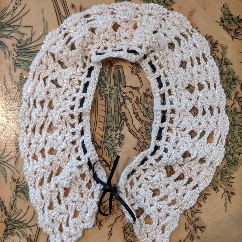VINTAGE Handmade Crocheted Collar Cream with Black Ribbon Tie